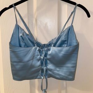 satin pale blue crop tank top.